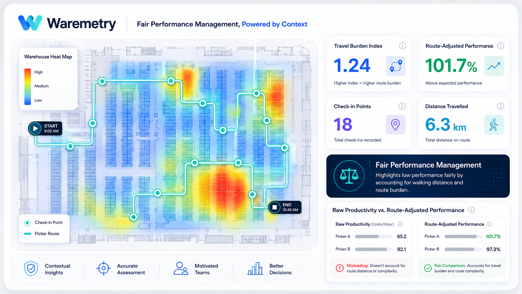Waremetry fair performance dashboard showing warehouse heat map, picker check-in route and Travel Burden Index